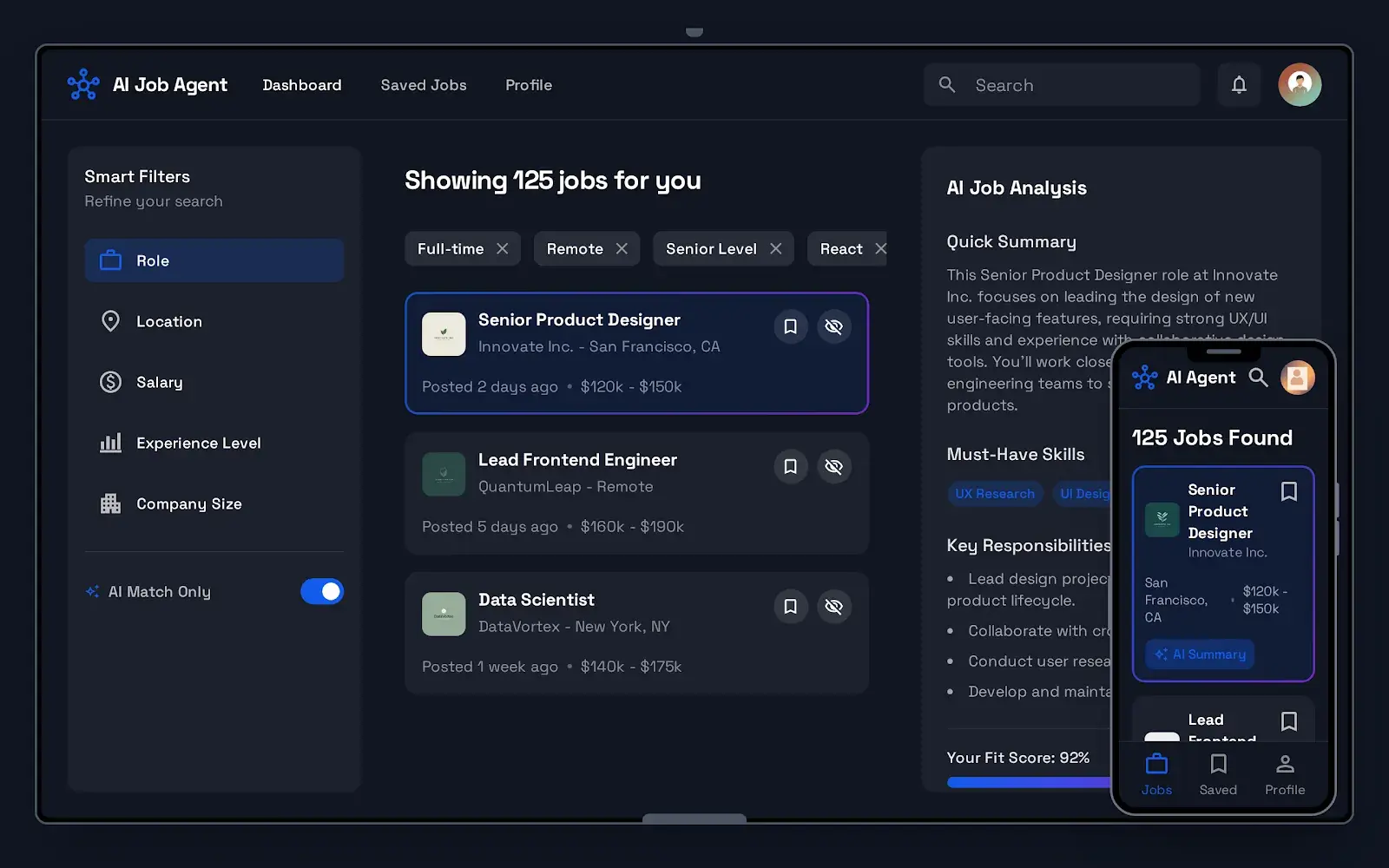 AI job agent interface showing smart filters and matched roles