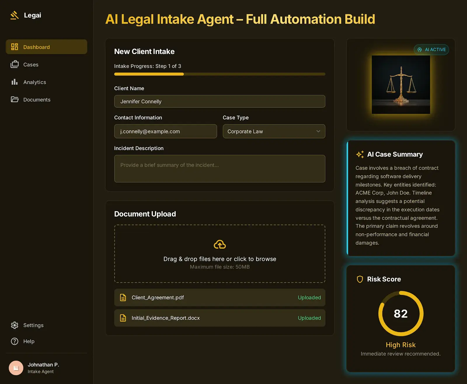 Legal AI intake dashboard with case triage and document summaries